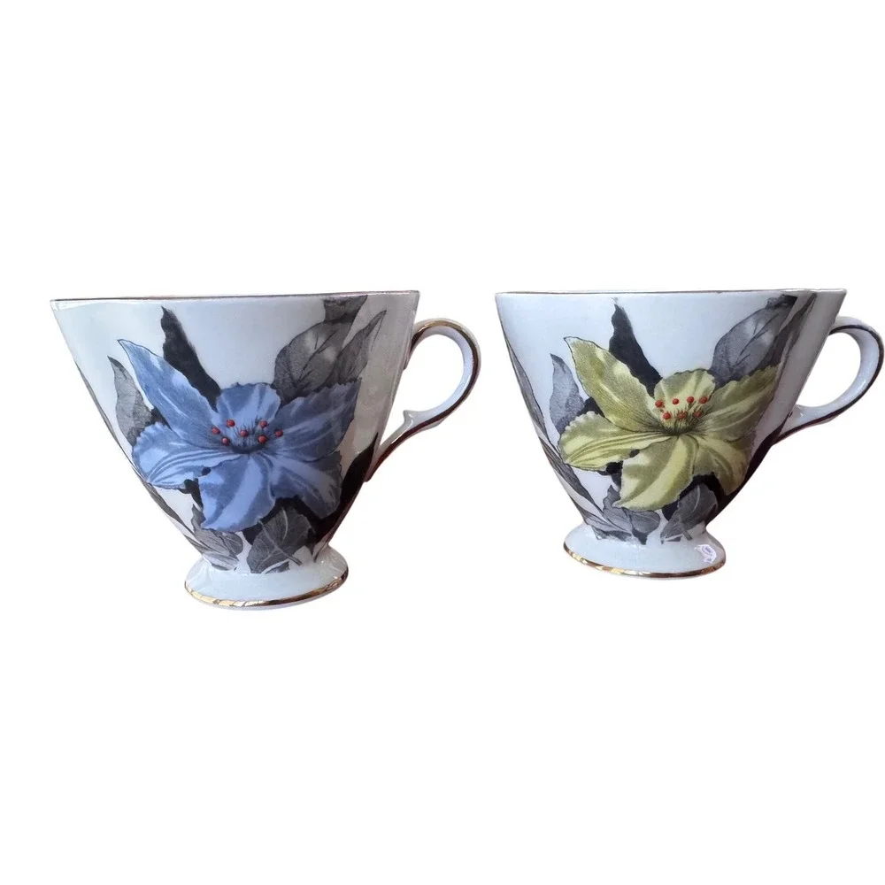 Windsor Bone China Tea Cups Set of 2 Blue Yellow Floral Gold Trim 1950's England